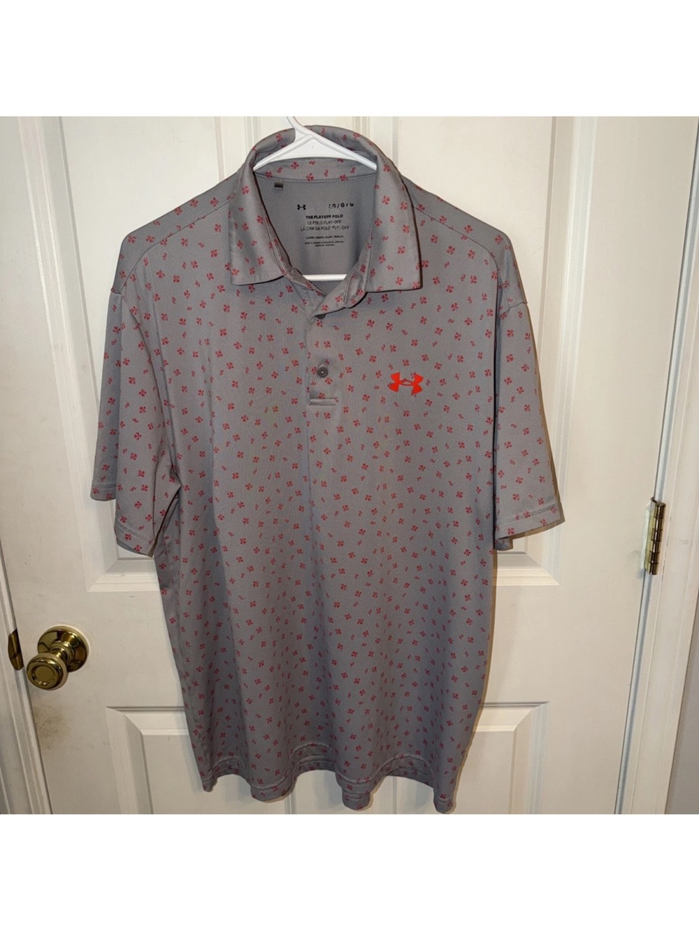 Under Armour Mens L Playoff Polo Shirt Grey Orange Floral Print Golf Loose Fit